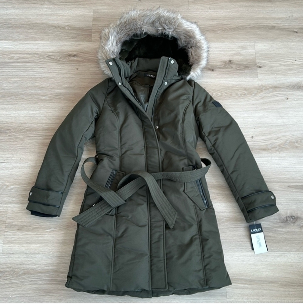 Ralph Lauren Olive Puffer Jacket with Faux Fur Trim  Hood